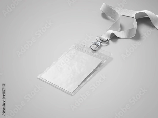 Fototapeta Blank bagde mockup isolated on white. Plain empty name tag mock up hanging on neck with string. Nametag with blue ribbon and transparent plastic paper holder. 3D illustration, 3D rendering.