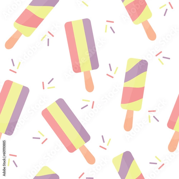 Fototapeta Ice cream seamless pattern. Summer vacation with popsicles, different types of ice cream on a stick. cartoon sweet food vector texture.
Fun and cute wrapping paper.