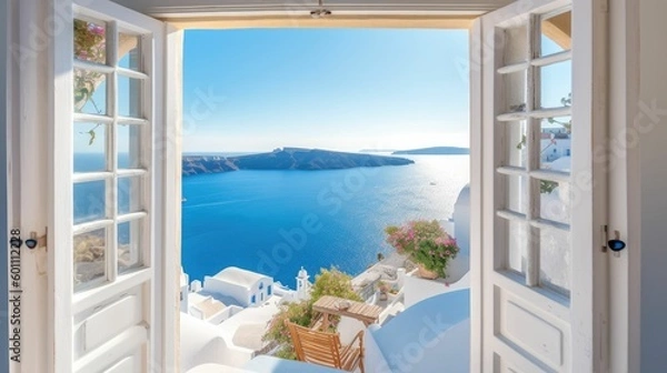 Obraz View through an open window with blue shutters