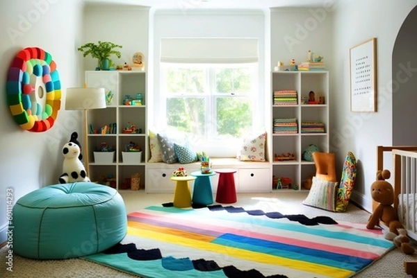 Fototapeta A bright and airy playroom with a large chalkboard and plenty of toys. Generative Ai.