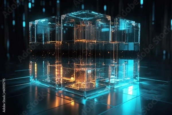 Fototapeta Glowing Digital Glass Cube 3D Render with Cinematic Lighting - Generative AI