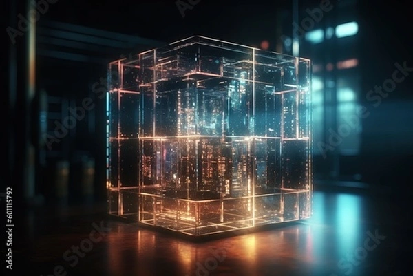 Fototapeta Glowing Digital Glass Cube 3D Render with Cinematic Lighting - Generative AI