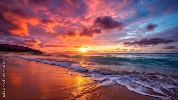 Fototapeta Panoramic View of Stunning Sunset Over Tranquil Lake - Generative AI