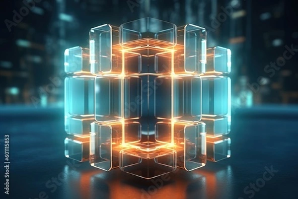 Fototapeta Symmetrical Digital Glass Cube 3D Render with Cinematic Lighting - Generative AI