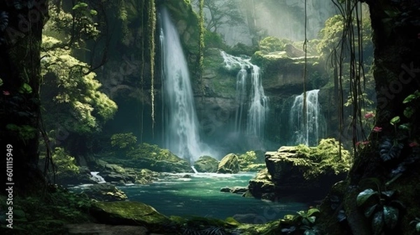 Fototapeta Breathtaking Waterfall Cascading Down Rugged Cliff - Generative AI