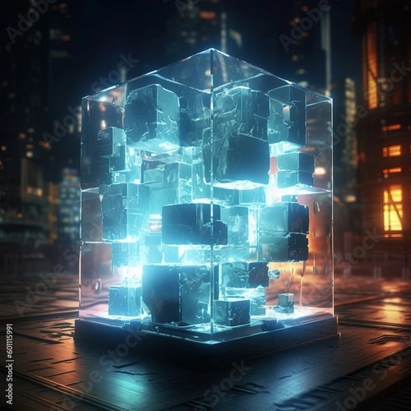 Fototapeta Cinematic Lighting on Digital Glass Cube 3D Render - Generative AI