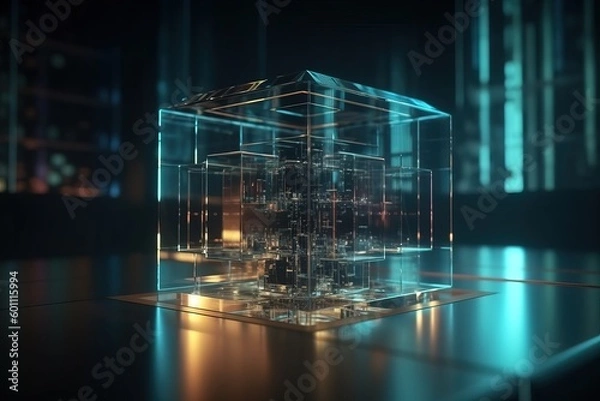 Fototapeta Glowing Digital Glass Cube 3D Render with Cinematic Lighting - Generative AI