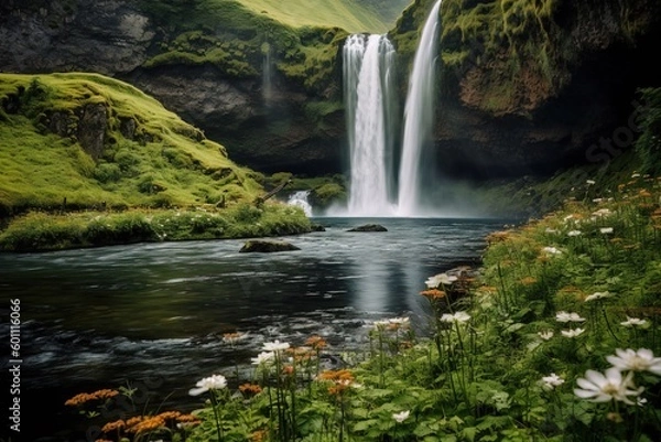 Fototapeta Breathtaking Waterfall Cascading Down Towering Cliff - Generative AI