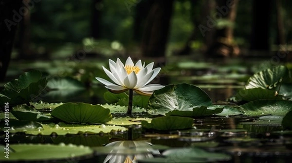 Fototapeta Amidst Emerald-Green Leaves and Floating Lily Pads - Generative AI