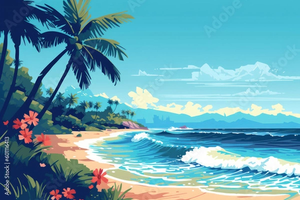 Fototapeta Drawing tropical beach summer background. Graphic illustration design. Generative ai.