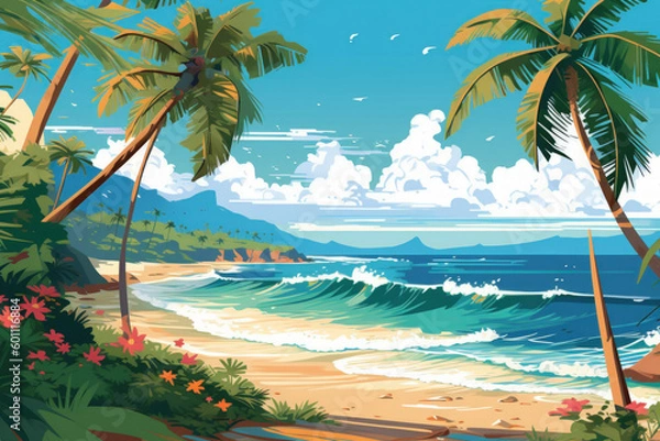 Fototapeta Drawing tropical beach summer background. Graphic illustration design. Generative ai.