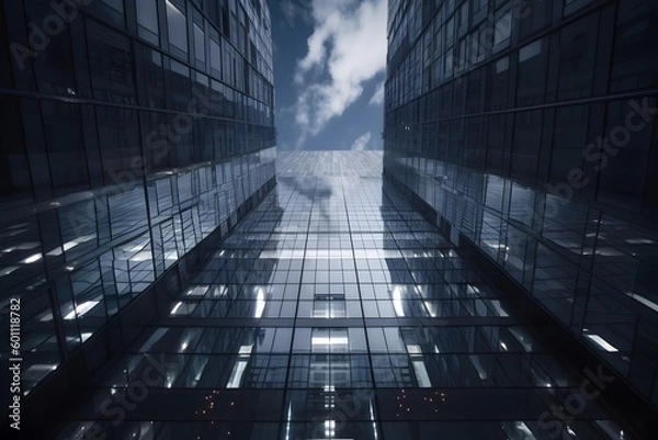 Fototapeta Mirror office skyscrapers stretch to the sky. bottom view. business architecture. Generative AI