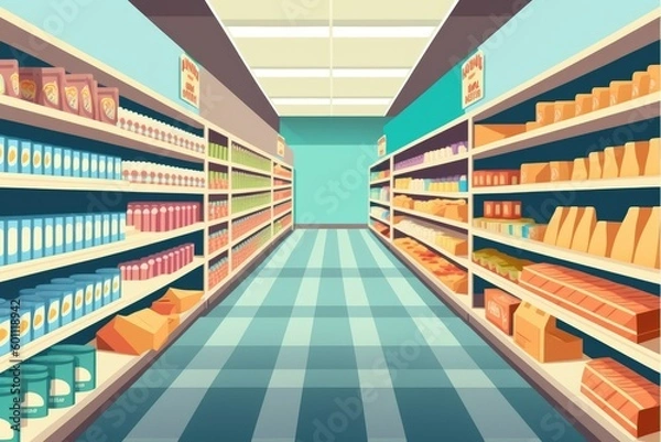 Fototapeta Przejście w sklepie spożywczym i półki z półką wyświetlającą pełną produktów do zakupu, kreskówki, generowane sztuczną inteligencję