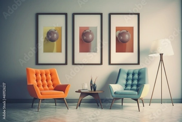 Obraz minimal design apartment, a wall with two or three picture frames, a modern living room, colorful furniture