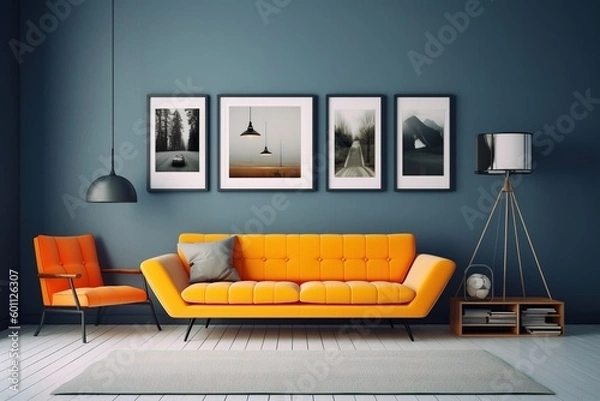 Fototapeta minimal design apartment, a wall with two or three picture frames, a modern living room, colorful furniture