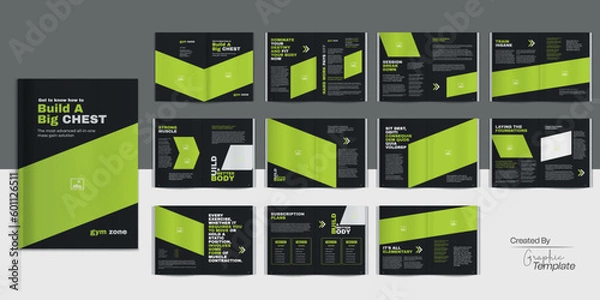 Fototapeta Black Fitness Brochure Layout Fitness Bi fold Brochure Layout Template Fitness Brochure Layout Gym Brochure	