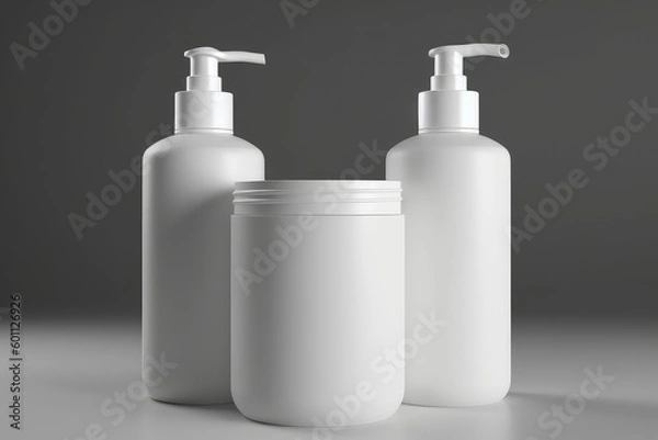 Obraz Mockup cosmetic bottles on grey studio background. Template for your design, space for packaging branding. Mockup of shower gel, shampoo, liquid soap. Generative AI professional photo imitation.
