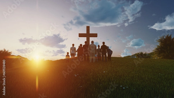 Fototapeta Silhouette family looking for the cross of Jesus Christ on autumn sunrise background. 3d rendering