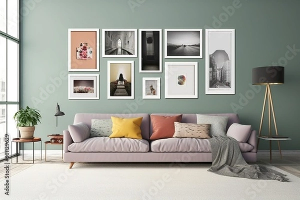 Fototapeta minimal design apartment, a wall with many picture frames, a modern living room, colorful furniture