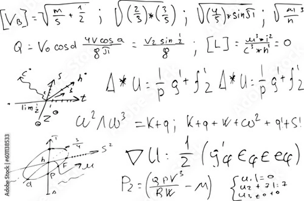 Fototapeta Mathematical scientific formulas and expressions. Educational, school and university background. Hand-drawn vector on white.