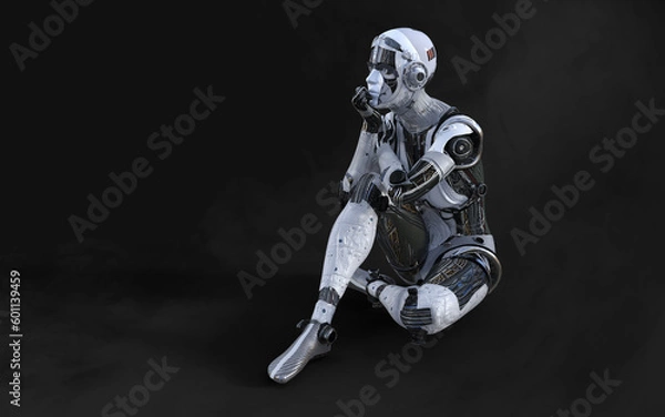 Fototapeta 3D rendering of a female android robot posing on black background with clipping path.