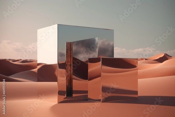 Fototapeta Abstract fantastic background. Desert landscape with metallic geometric mirror. Modern minimal aesthetic background