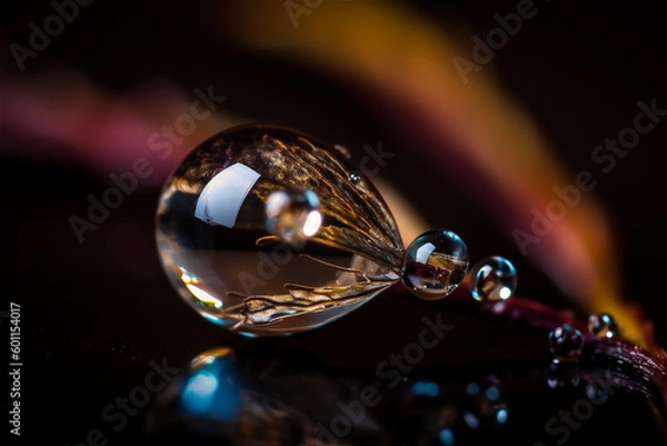 Fototapeta Beautiful clean transparent bright drop of water on smooth surface in blue and yellow colors, macro. Creative image of beauty of environment and nature.