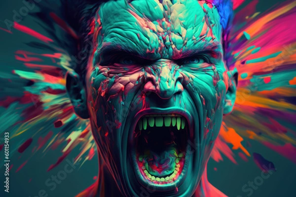 Fototapeta Illustration of person with schizophrenia, surrounded by vivid and surreal hallucinations ,made with Generative AI