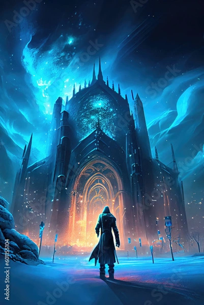 Fototapeta Cyberpunk castle, megalithic building ,made with Generative AI