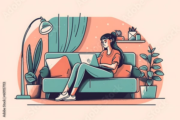 Fototapeta Flat style modern outlined concept illustration. Woman sitting and working on a laptop on a couch. Generative AI 