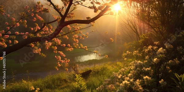 Fototapeta peaceful spring landscape with a small river generative ai