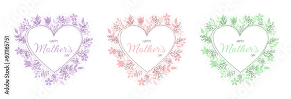 Fototapeta Happy Mother's Day greeting card. Set of colored monochrome hearts with typography inside and floral frame around. Flat vector illustration