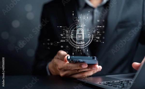 Fototapeta Cybersecurity and privacy concepts to protect data. businessman with internet network security technology. Businessman locking personal data on smartphone. cyber security concept.