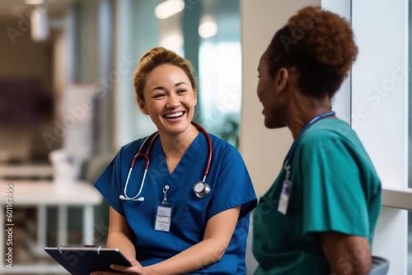 Fototapeta Candid shot of two nurses laughing and talking in a hospital, showcasing positivity, camaraderie among healthcare workers, generative ai