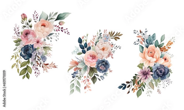 Fototapeta Angled frame with roses, spring blossom bloom , branches with mauve, pink apple tree flowers, buds, green leaves on white background. Digital draw, illustration in watercolor style, vintage, vector