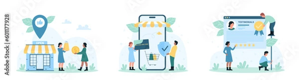 Fototapeta Online retail shop set vector illustration. Cartoon tiny people holding approval seal for store with quality guarantee, credit card and security shield for shopping with mobile app on phone screen