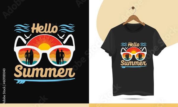 Fototapeta Hello, Summer retro-style t-shirt design template. Editable and customizable summer illustration for a shirt, mug, greeting card, and Poster.