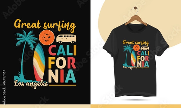 Fototapeta Summer California beach t-shirt design template.  high-quality design with a Sun, palm tree, Surfboard, and bus Vector illustration for print on the shirt.