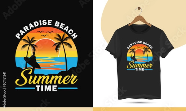 Fototapeta Paradise Beach Summertime t-shirt design template. Simple design for the summer with a Sea, sun, bird, Palm tree, and Surfboard silhouette.