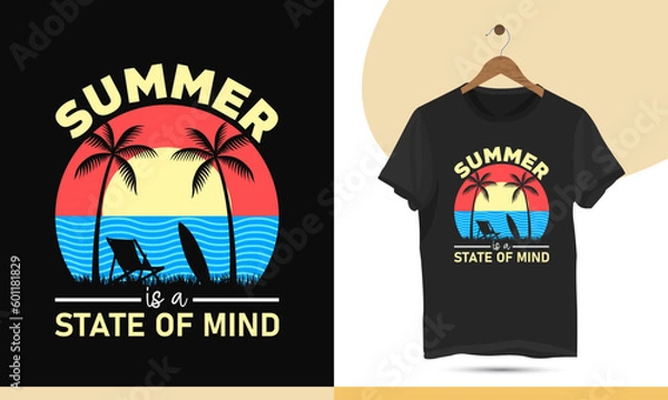 Fototapeta Summer t-shirt design vector template. High-quality design for Print on a shirt, mug, greeting card, and poster. Design quote - Summer is a state of mind.