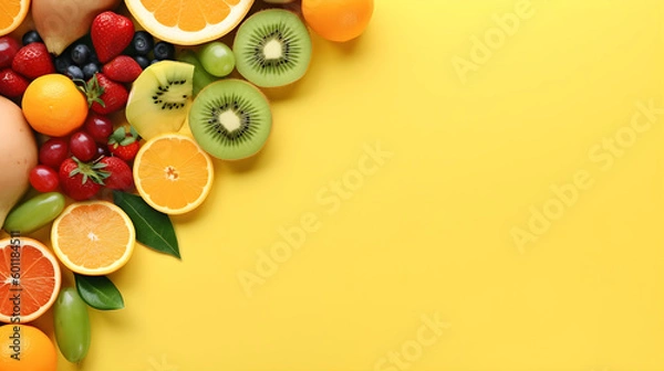 Fototapeta Tropical sliced colorful fruit on yellow colored background top view in flat lay style. Healthy eating backdrop or Summer Sale Banner.
