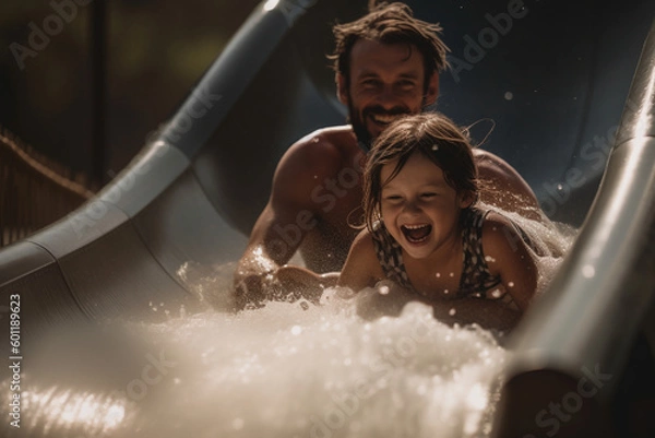 Fototapeta Father and daughter on a waterslide - Generative AI
