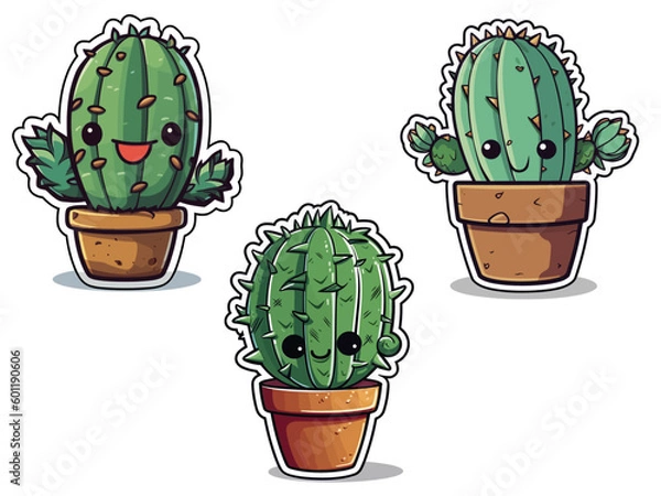 Fototapeta Three cute cartoon cacti characters. With easy removable sticker design border and shadow.