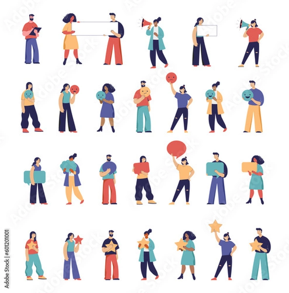 Fototapeta Collection of people illustrations. Man and women with speech bubbles, feedback stars, megaphones,. Communication and feedback concept design