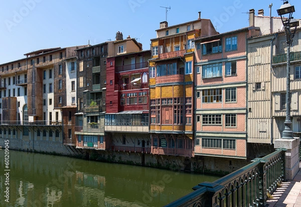 Obraz Charming houses line the river Agout in Castres, France, showcasing stunning architecture and beautiful reflections in the water. A picturesque and peaceful scene to admire.