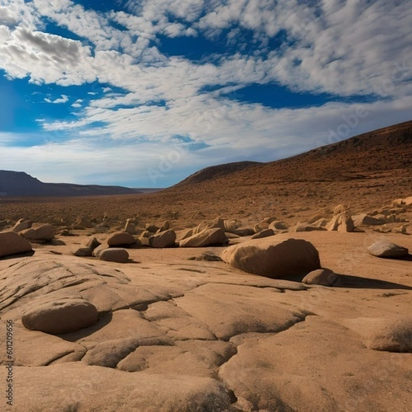 Fototapeta A rocky desert landscape with a bright blue sky and fluffy clouds1, Generative AI
