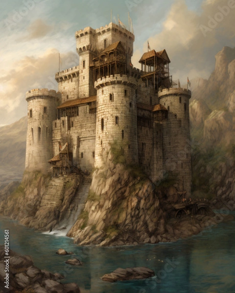 Fototapeta A castle fortress on top of a mountain surrounded by water Generative Ai