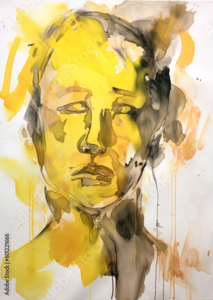 Fototapeta Abstract illustrated portrait of a beautiful woman. Spatter and drips of paint in vibrant oil paint and gouache on paper. Generated AI.
