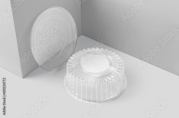 Fototapeta Blank plastic round packaging with transparent lid for baking, pastry and cakes isolated on white background. 3D illustration, 3D rendering.