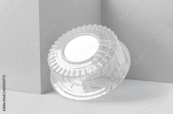 Fototapeta Blank plastic round packaging with transparent lid for baking, pastry and cakes isolated on white background. 3D illustration, 3D rendering.